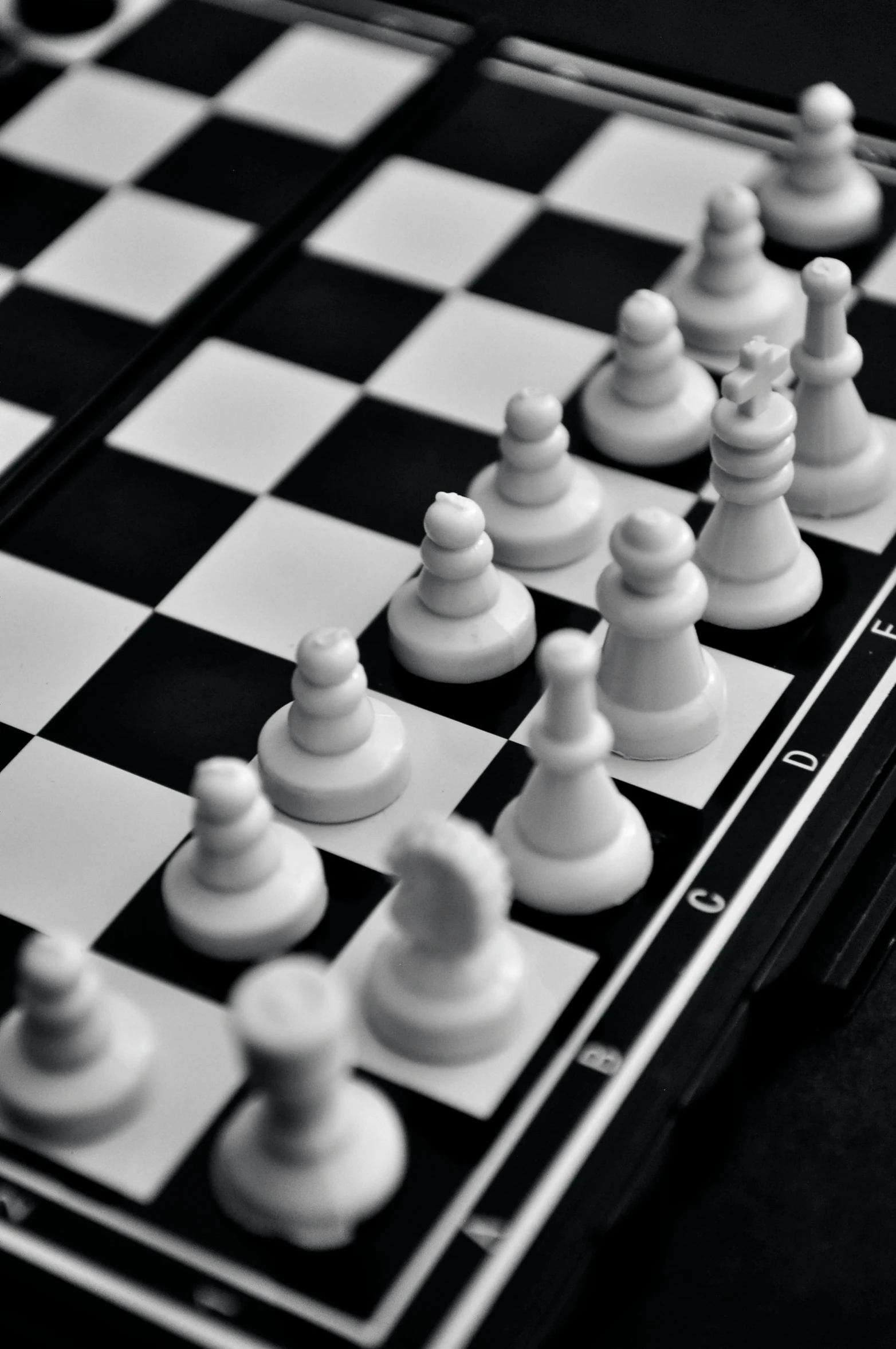 black and white chess pieces lined up for play