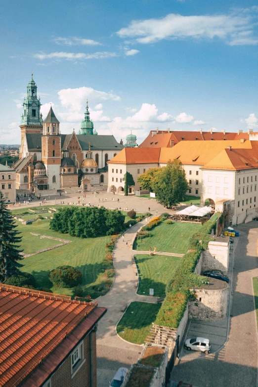 an overview of a town with a large castle