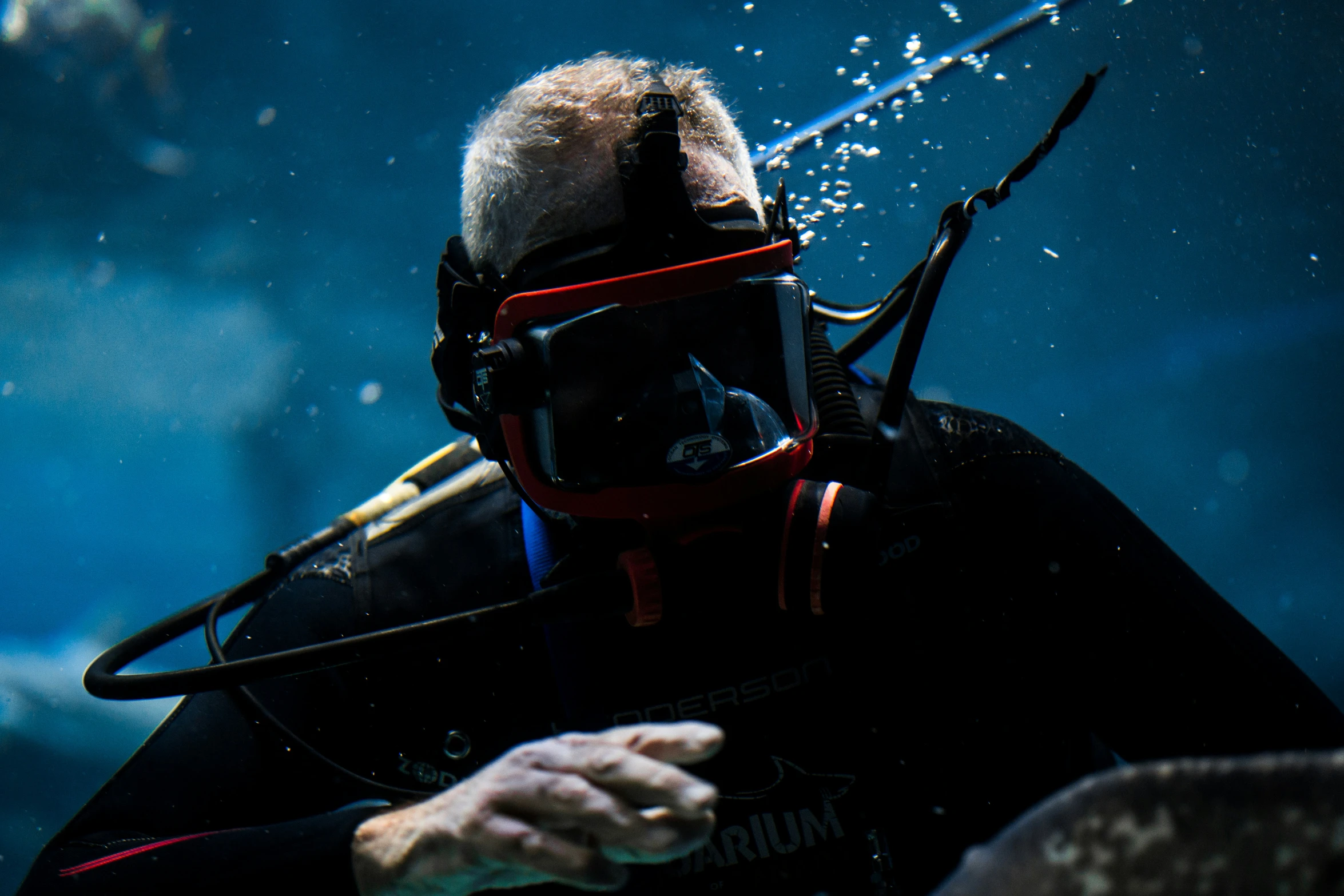 a scuba holding his mask off to the side