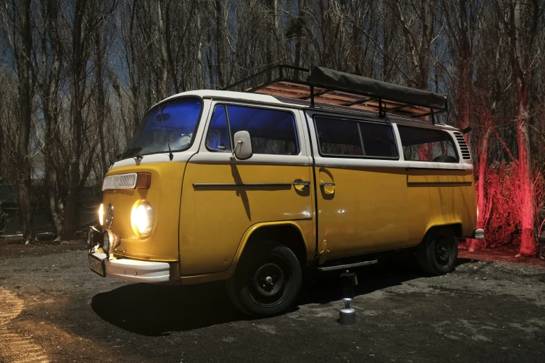 a van parked in a driveway surrounded by trees