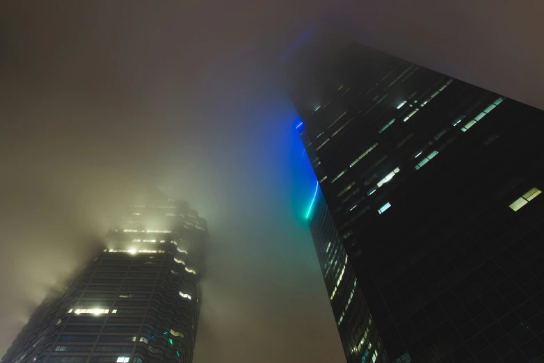 a view of the city and building at night time