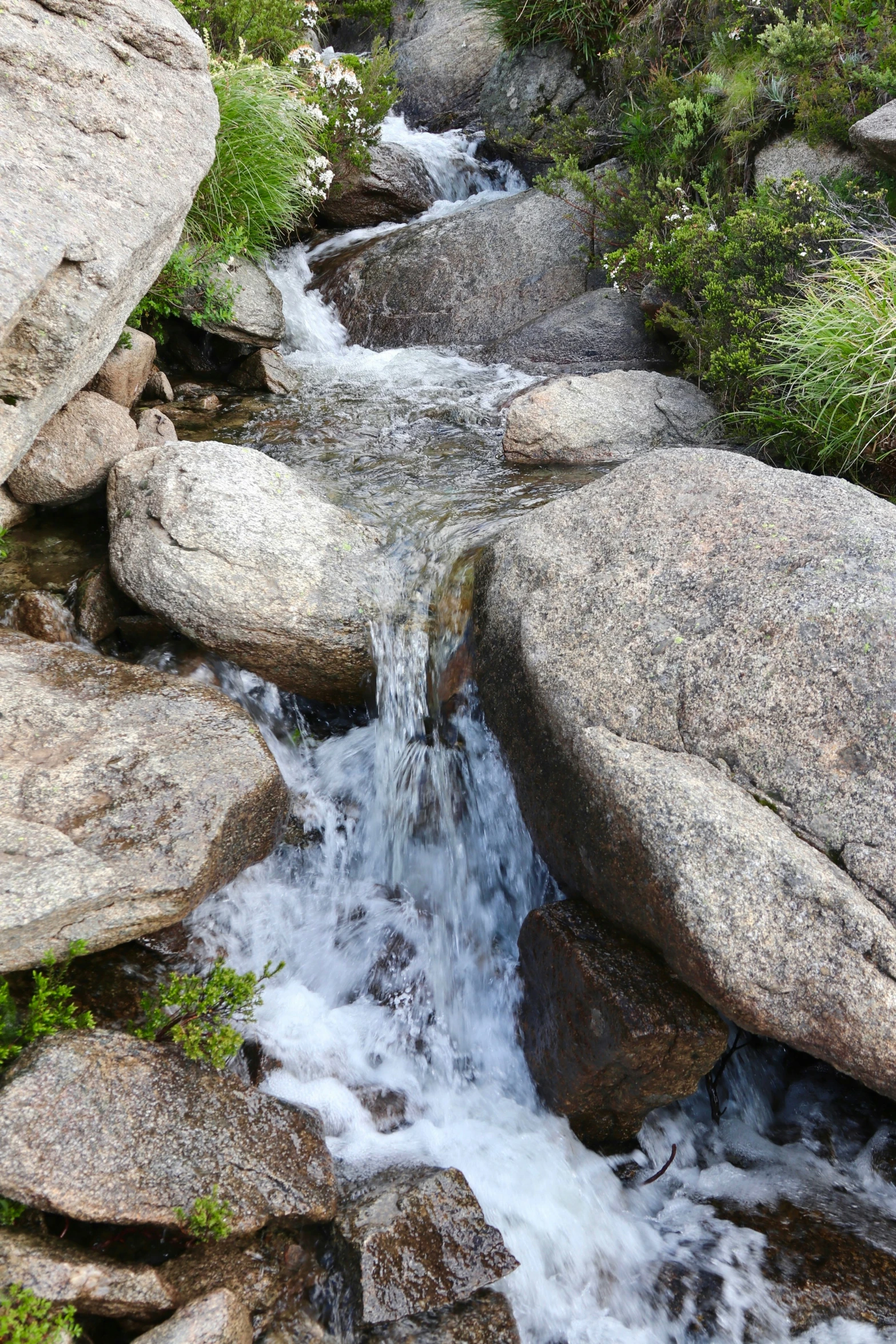there is a stream of water running through some rocks