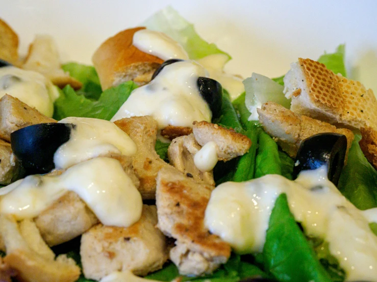 a delicious salad has chicken and cheese on it