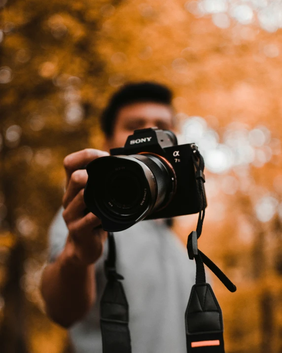 a man holding his camera up for the view