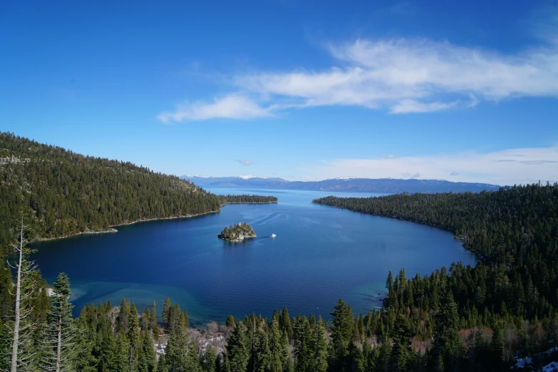 an island with a boat in it, sits at the edge of a lake surrounded by pine trees