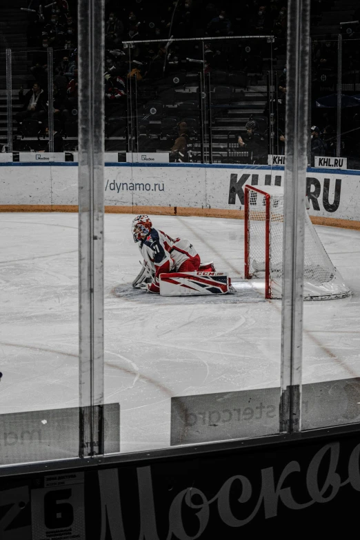 an indoor hockey rink with a goalie on it