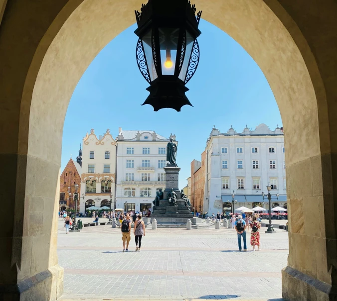 the arch in the town square has a light that lights up