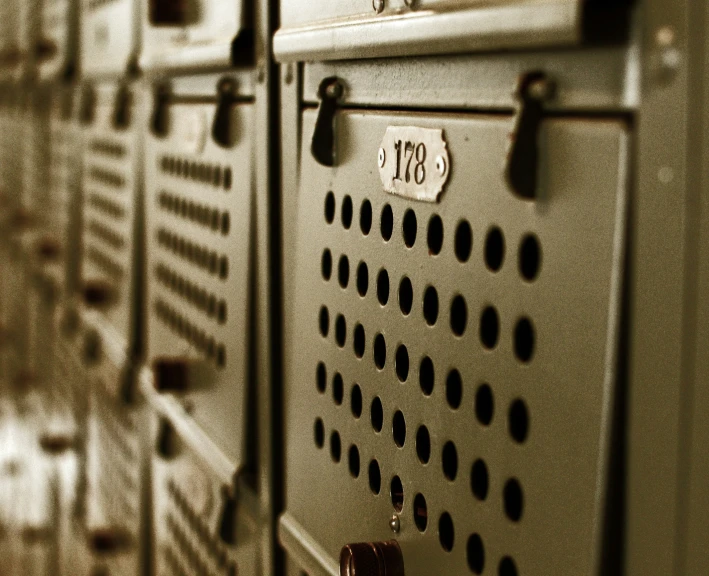 a row of lockers in an industrial building