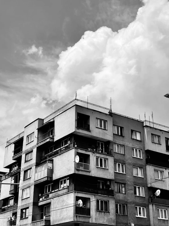 black and white po of a building with lots of windows