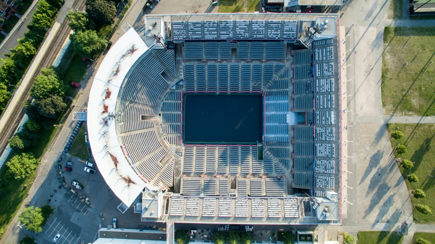 an aerial view of a large stadium being constructed