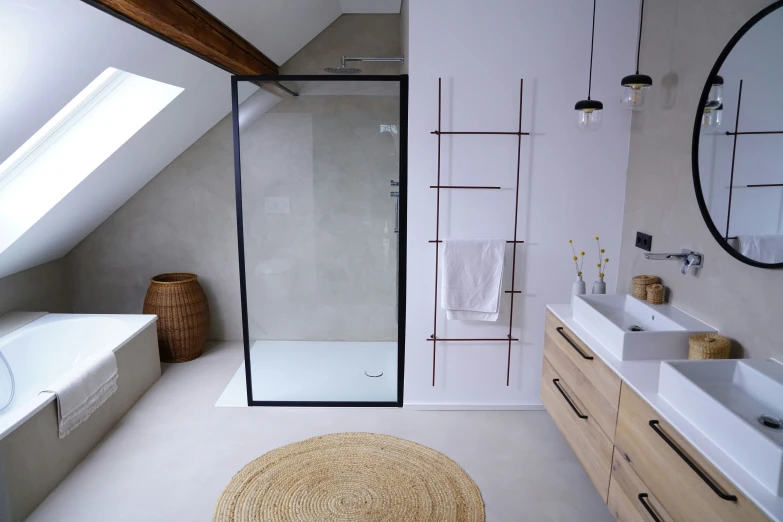 a bathroom with an enclosed shower stall and separate tub