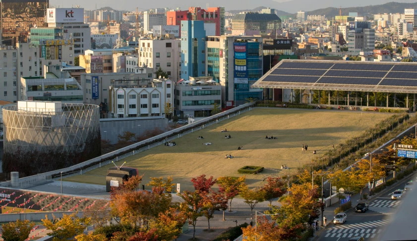 this is a po of the sports field in an urban area