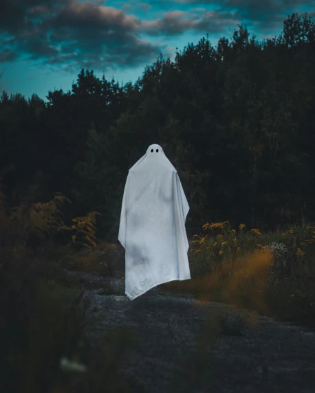 a white ghost standing in a forest with trees
