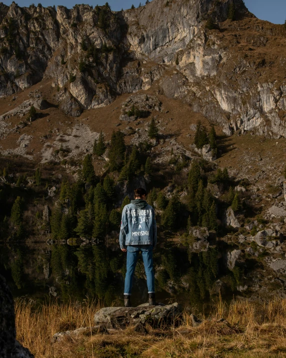 a person in a blue jacket standing by some trees