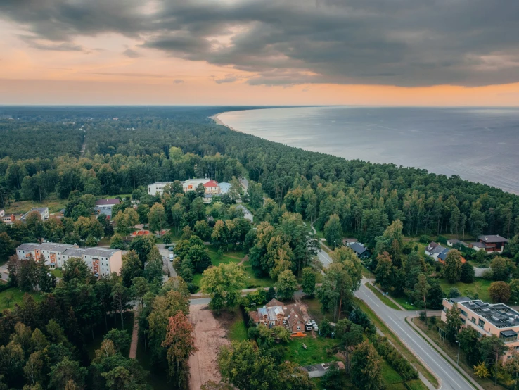 the town with a red roof is near water and a forest