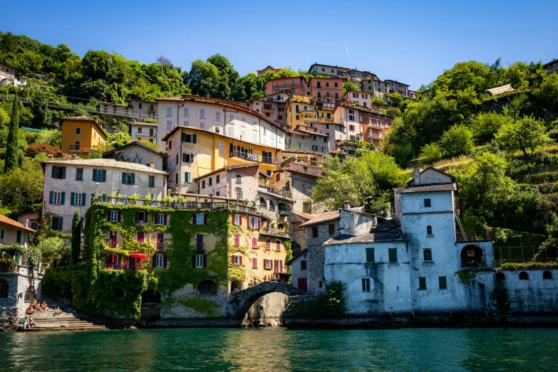 the buildings near the water have flowers on them