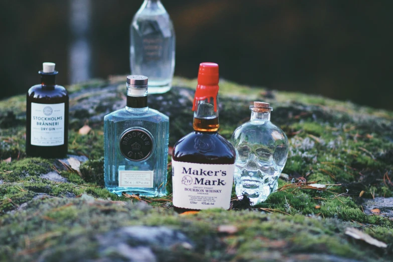 four bottles and one empty bottle on the moss