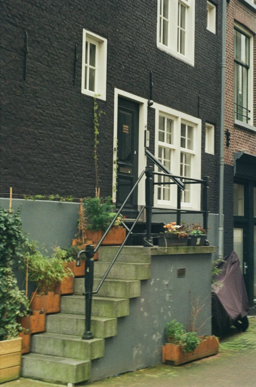 a few stairs leading to a building with plants on it