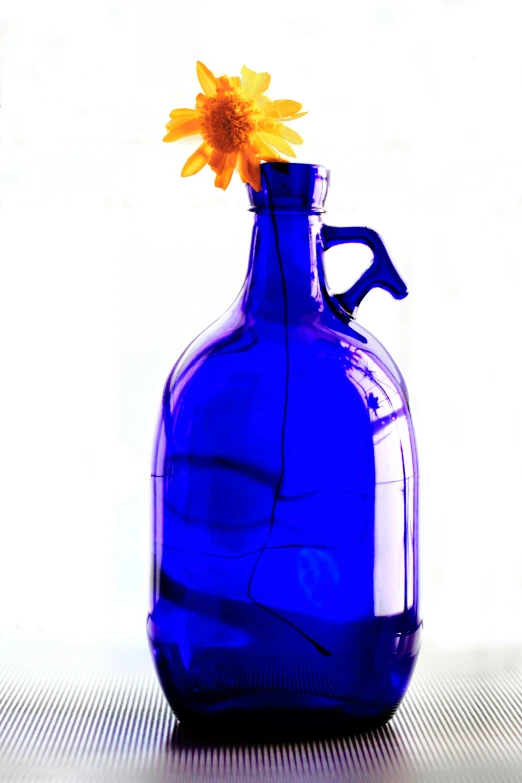 a yellow flower sits in a blue vase