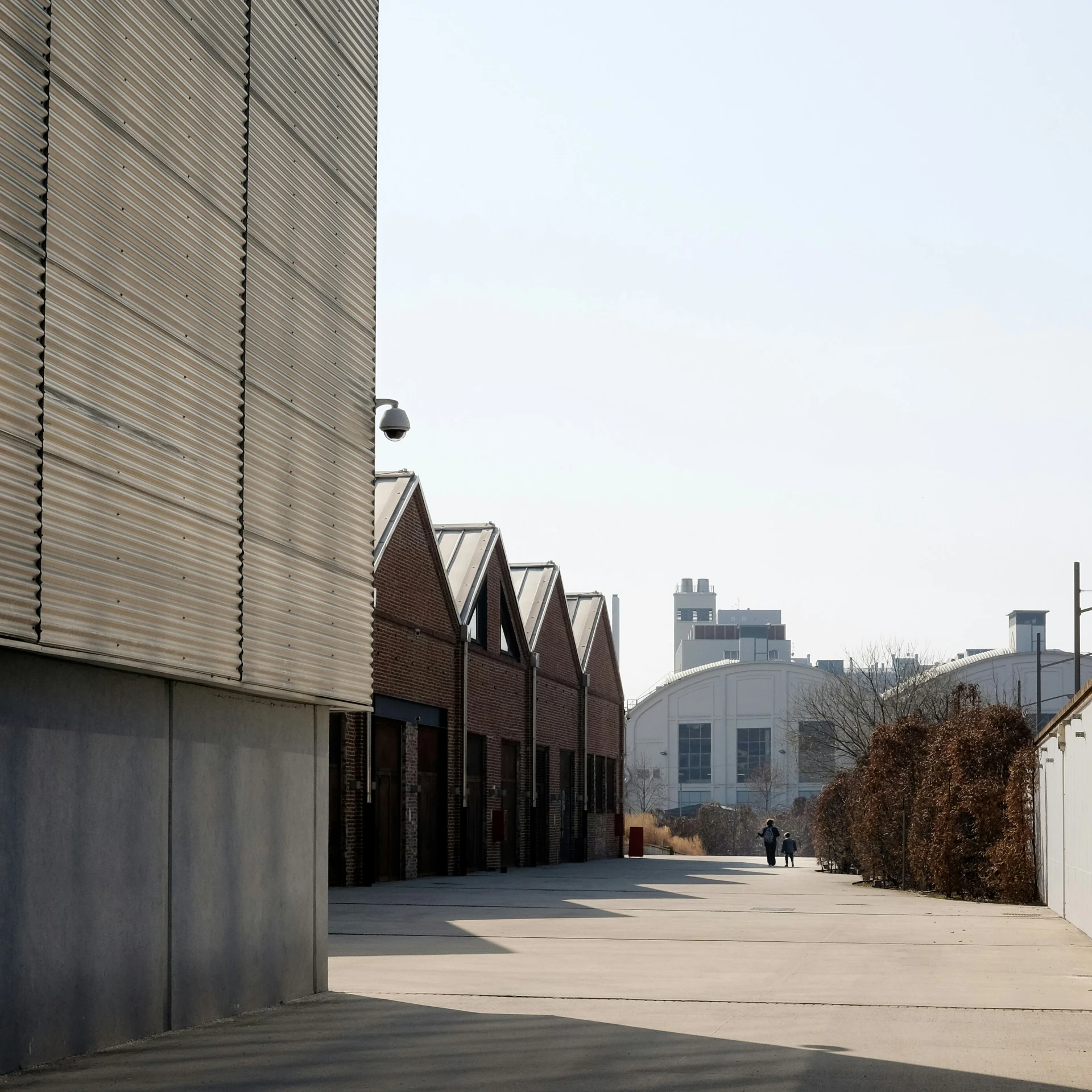 a person walking down the street near some building