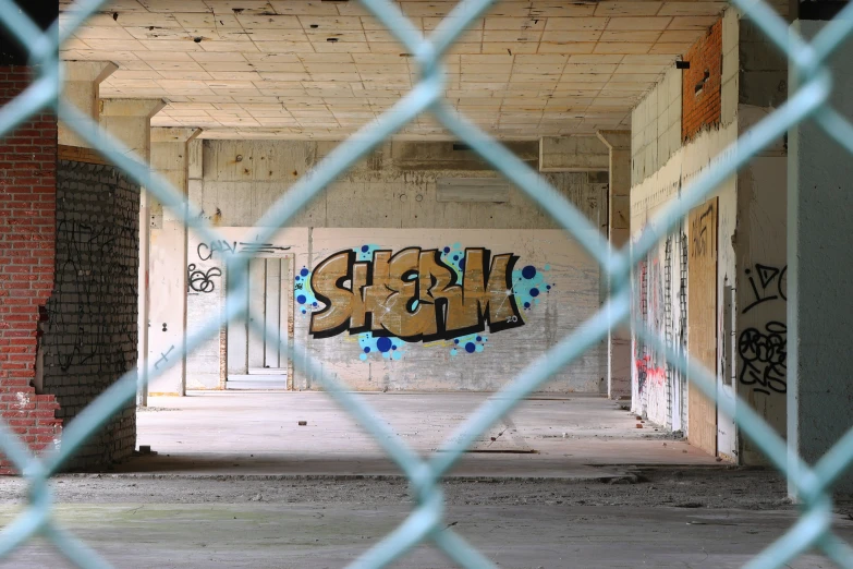 the view from behind a caged in area that looks like a derelict building