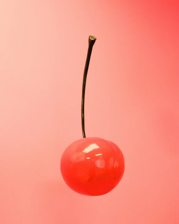 an artistic s of a cherry hanging on a nch