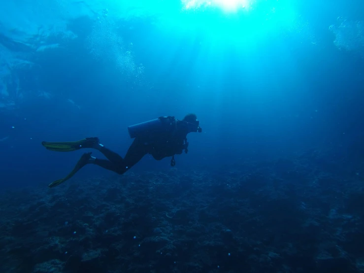 a man dives into the water with his dive gear on