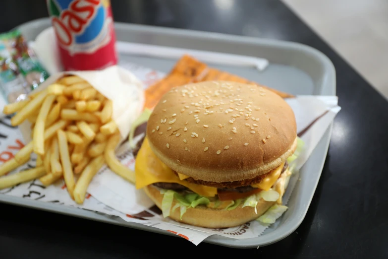 a tray with a hamburger and french fries next to a soda