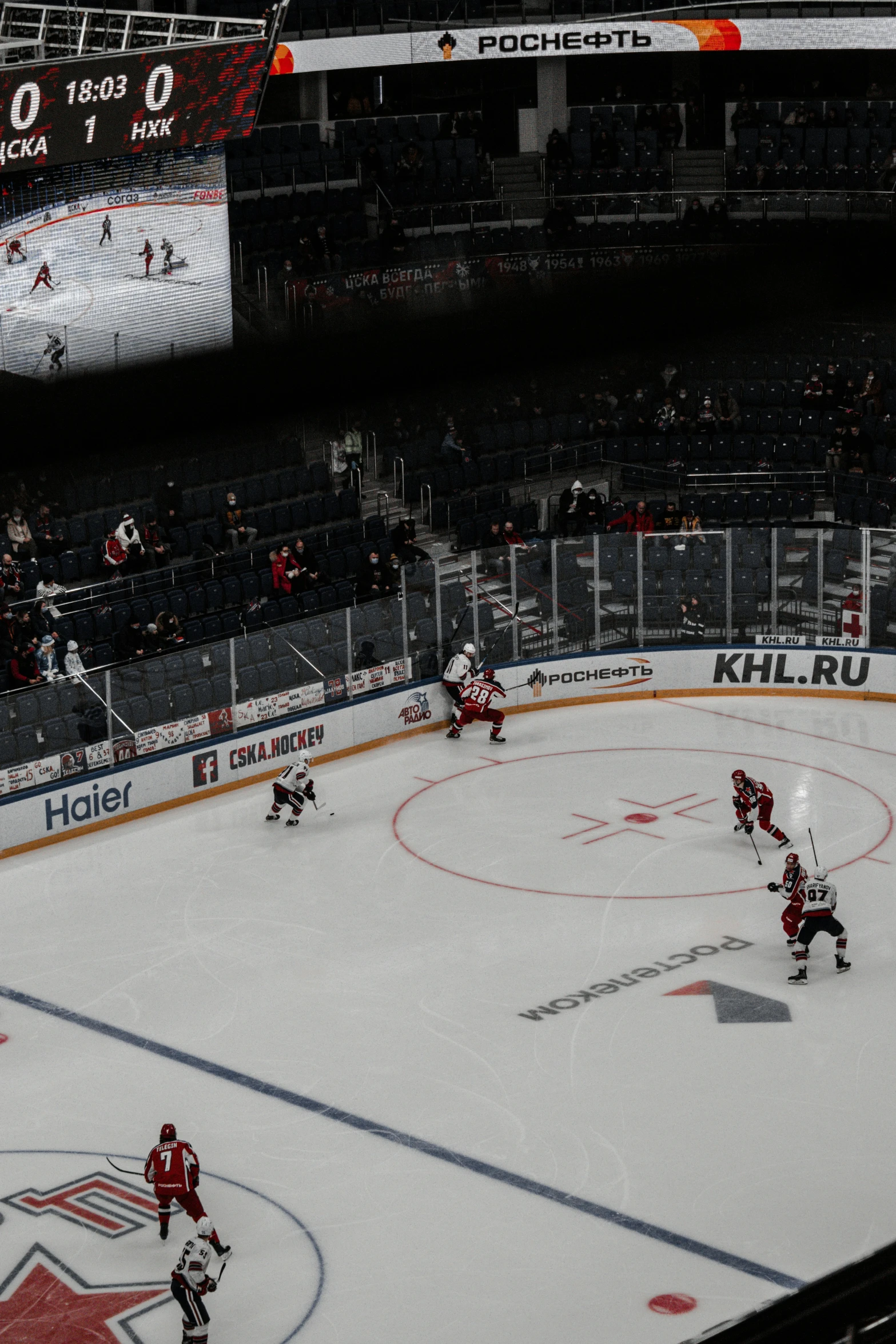 a po taken from the seats of an arena of some ice hockey players