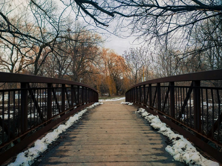 the bridge is empty and the snowy walkway leads to trees