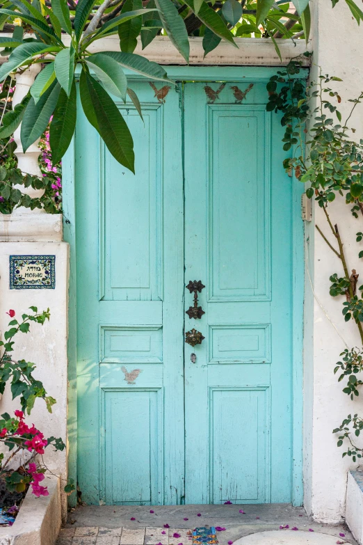 a blue door in a stucco wall and stone steps