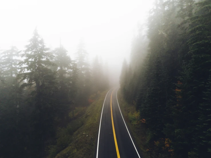 a long and narrow road with a light fog