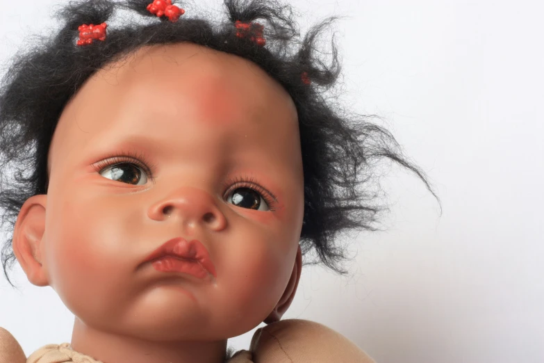 an adorable baby doll wearing hair and red flower in her hair