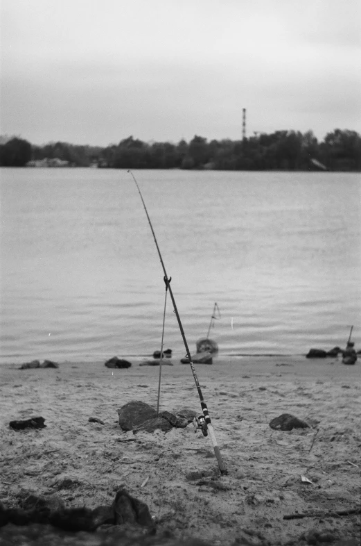 a fishing pole on a beach by the water