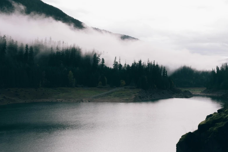 a lake is covered by low lying mist