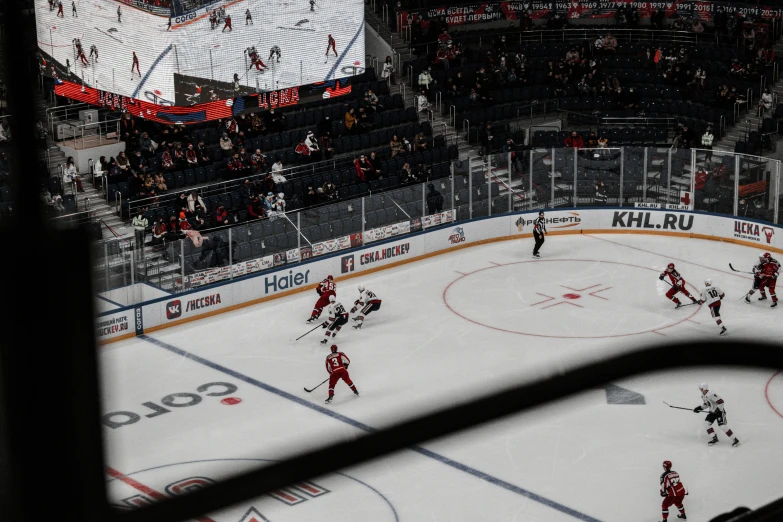 an overhead view of a professional ice hockey game