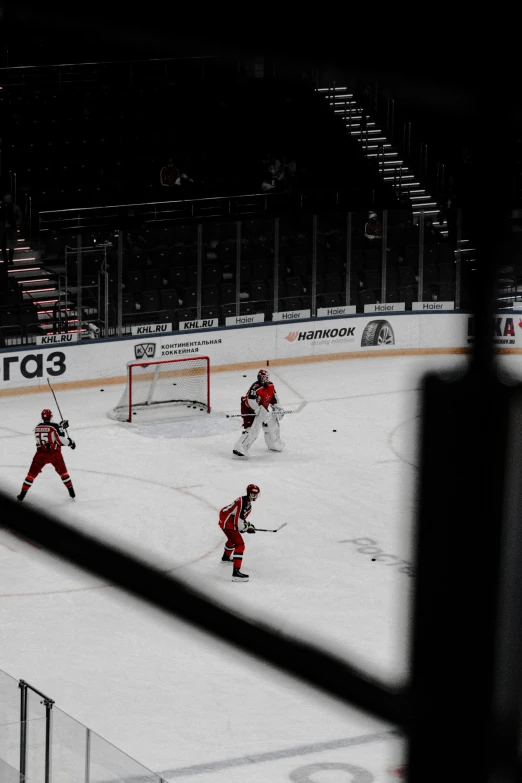 there is a hockey match being played on the ice