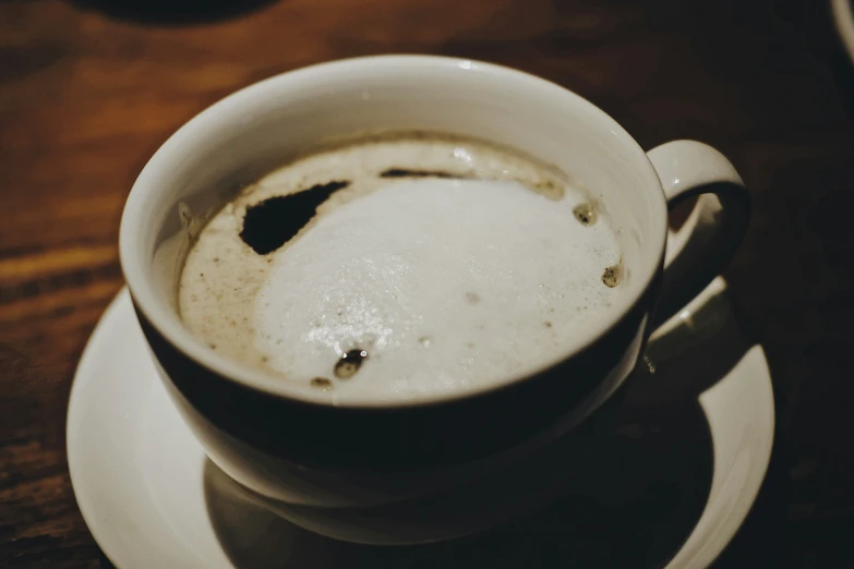 an up close po of coffee in a cup on a saucer