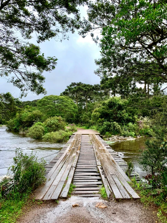 a wooden bridge that looks like it is going over a small river