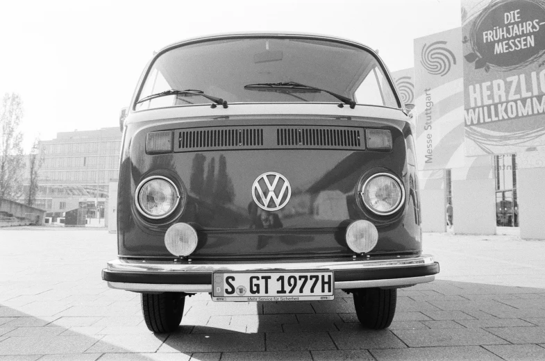 the volkswagen bus has an oval license plate