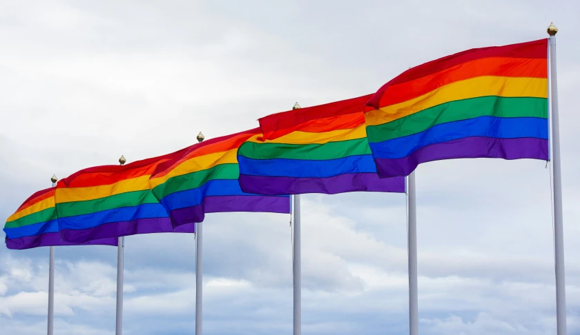 a row of colorful rainbow flags against the sky
