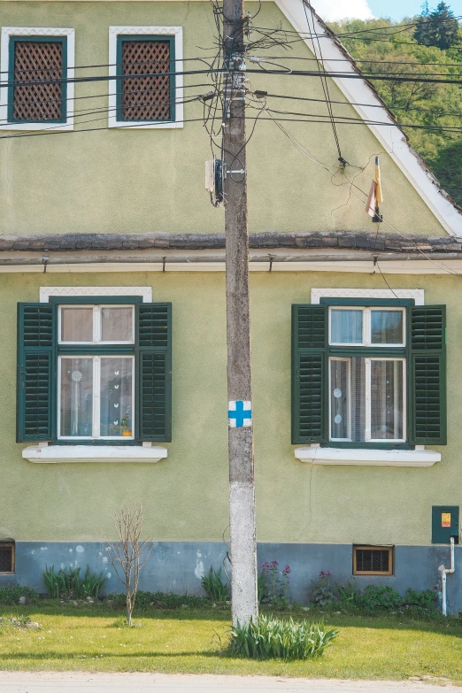 a house has green shutters and windows