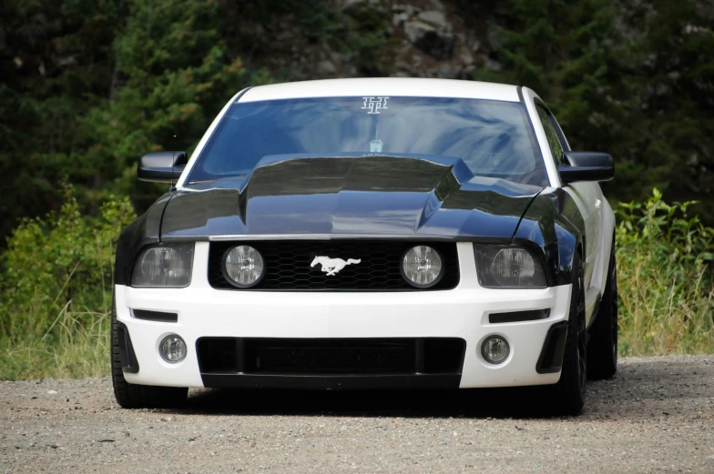 the white and black ford mustang has a hood hood