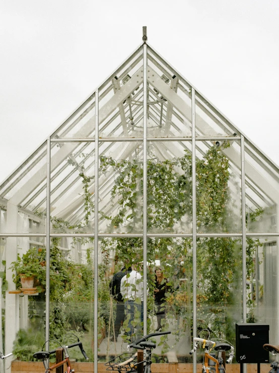 people standing outside of a large greenhouse with bikes parked in front