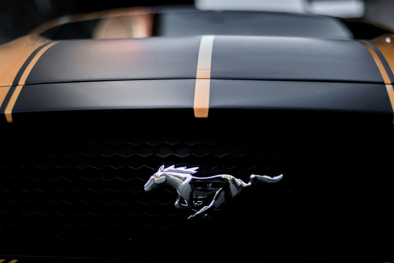 the front of a car has been decorated with stripes and a horse emblem