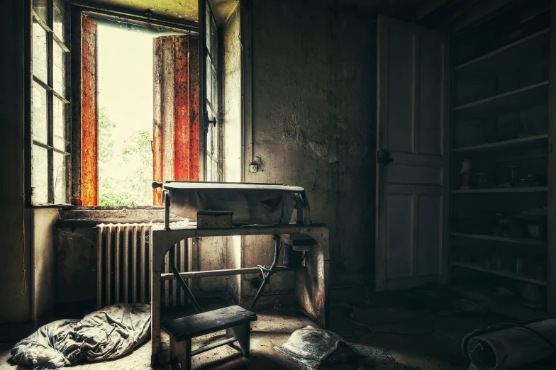 an old room with a fire place and a chair in front of it