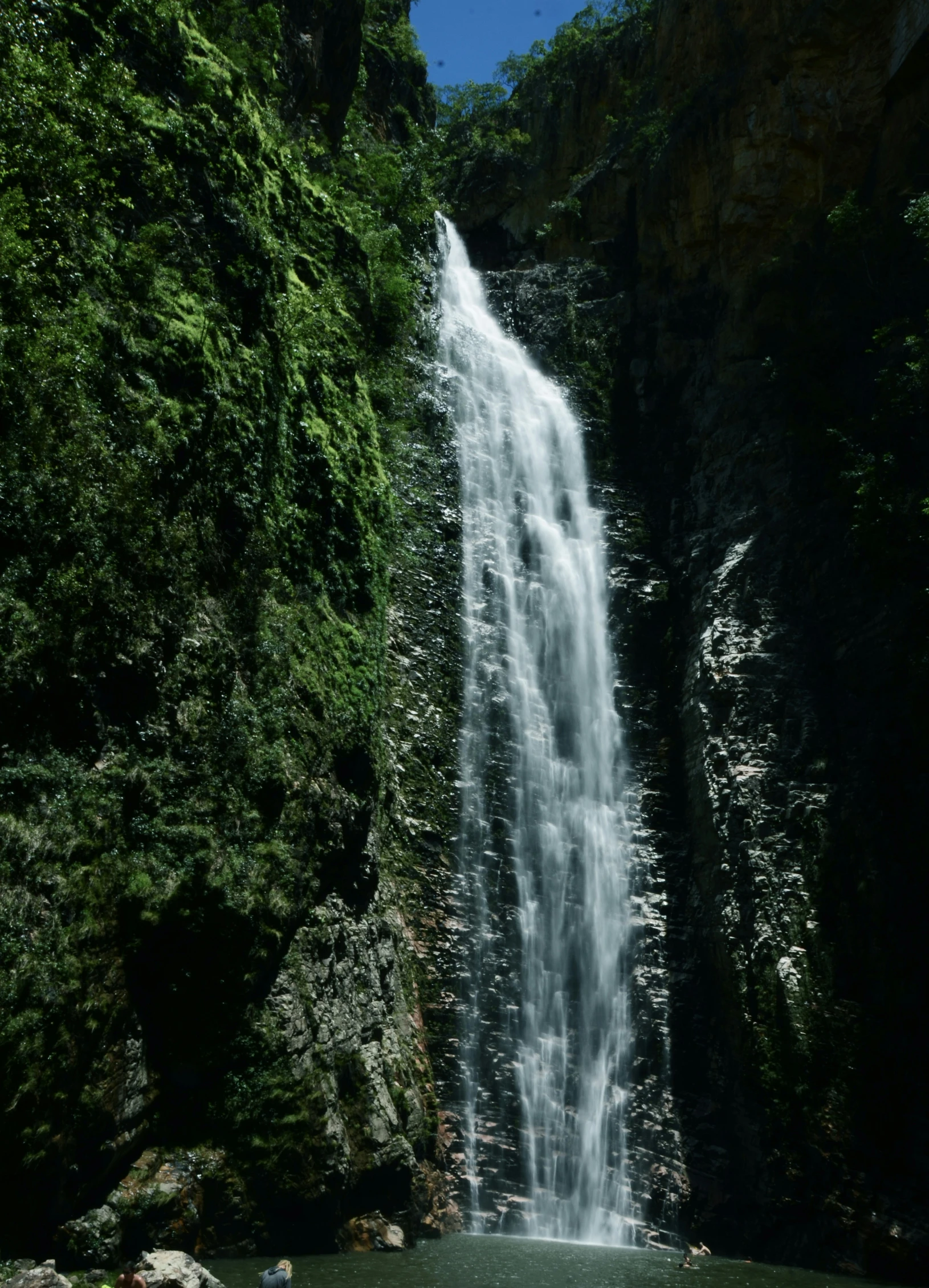 a large waterfall surrounded by lush green trees