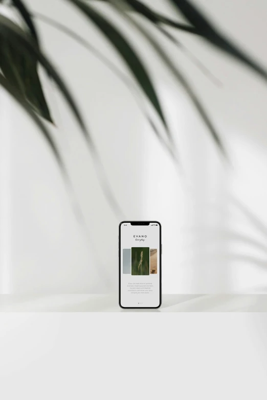 the phone is placed next to a plant