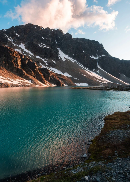 a mountain lake surrounded by snow covered mountains