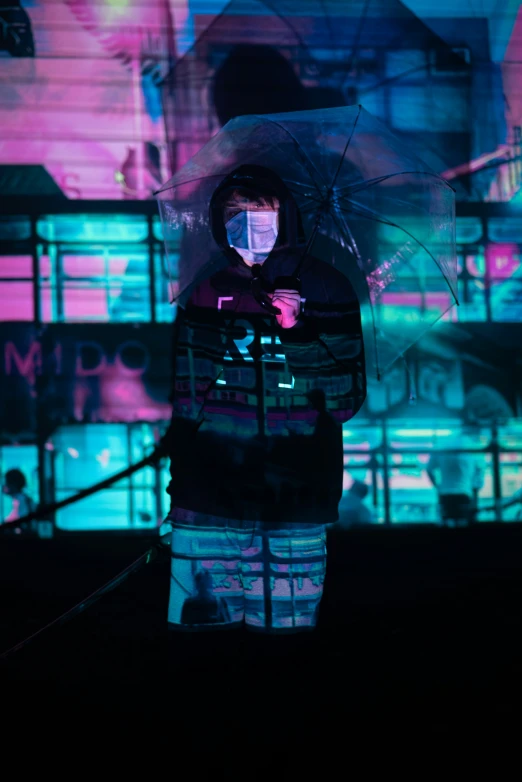 a person holding an umbrella stands in front of a building